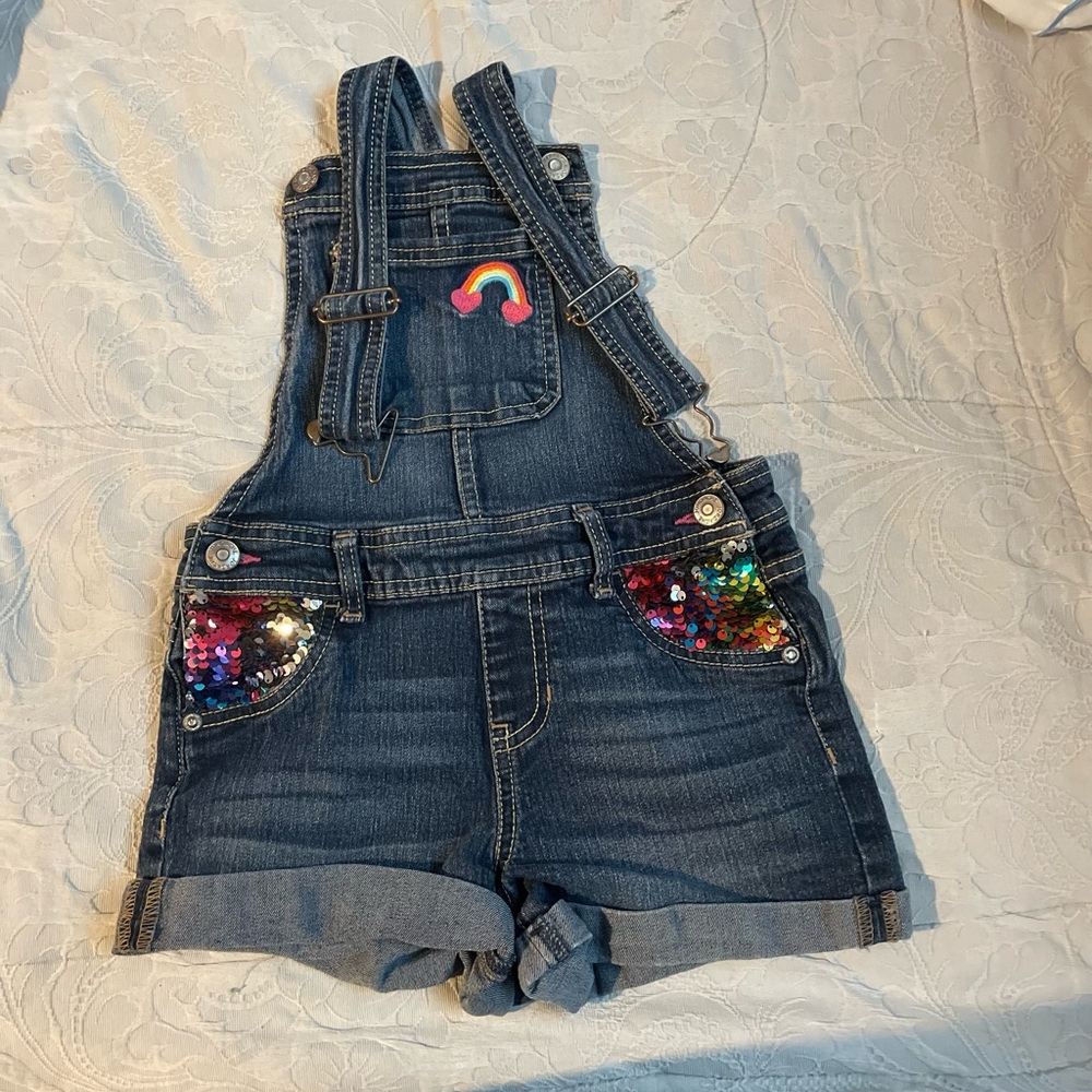 Denim Overalls with Rainbow Sequin Pockets